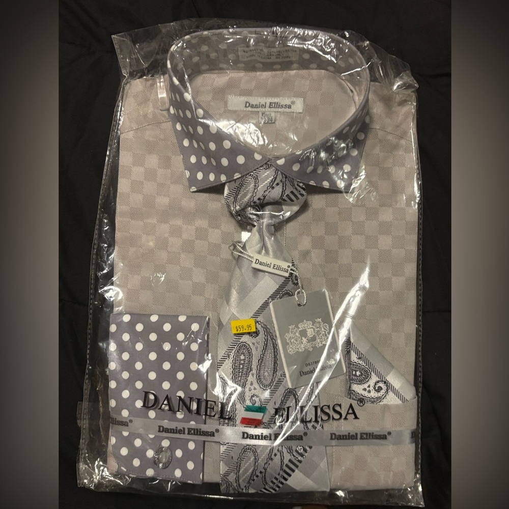 Daniel Ellissa Gray Checkered Dress Shirt with Paisley Tie